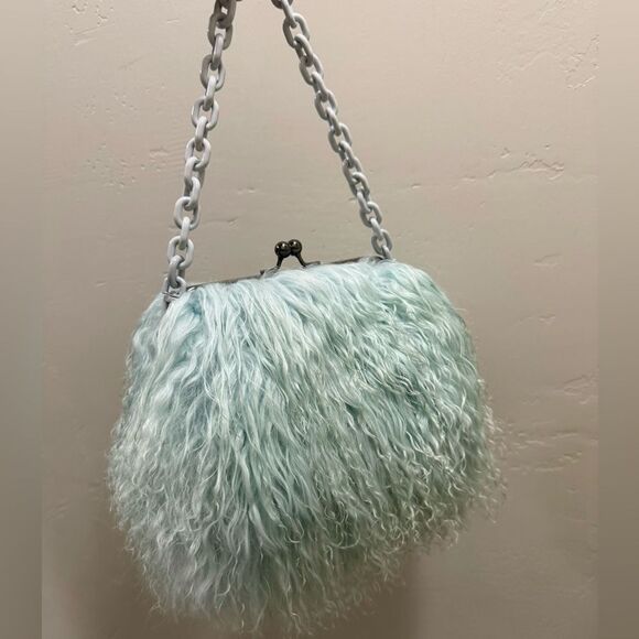 Aqua Handmade Real Mongolian Lamb Fur Kisslock Wristlet/Shoulder Bag, Crossbody - Picture 9 of 16